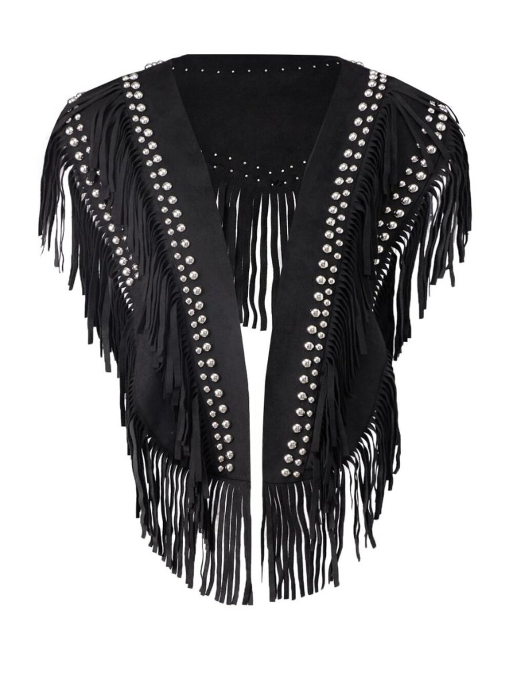 Women Studded Suede Collar Shawl Top Cowboy Cowgirl Western Fringe Vest 70s